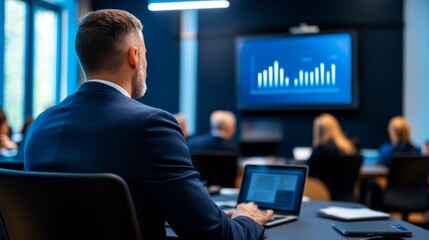 Business professional attentively watching a presentation on data analytics in a modern conference room