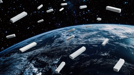 create an story book style image of 100 millions pieces of white rectangular erasers circling around the earth in a line. In space. Each erasers are 4.5cm in length. 