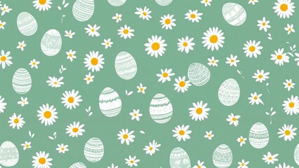 A pattern of white daisies and eggs on a green background.