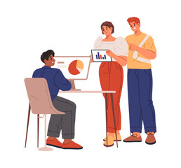 Employees or office team working on project completion. Vector man looking data and visual information on portatif computer and PC. Woman showing ideas for business development and innovations