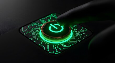 Finger Pressing a Glowing Green Power Button on a Circuit Board