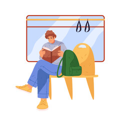 Commuting to work by subway. Vector isolated male personage sitting in train or bus, reading book. Student or worker, traveling on holidays or vacation. Trip or moving in city, underground passenger