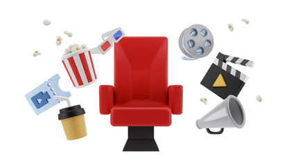 Cinema entertainment and leisure activity. Vector in 3d style, isolated red chair for audience, popcorn bucket and film reel strip, coffee to go and snacks. Clapper and megaphone, ticket