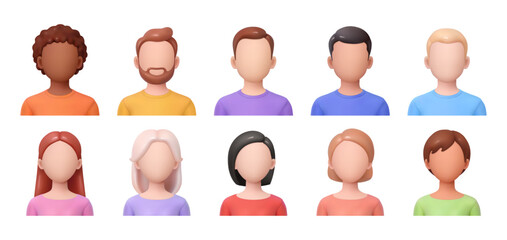 Portraits and avatars making. Vector isolated 3d, set of characters faces with no features. Blank expression of men, women and children. Social media and metaverse pictures for accounts