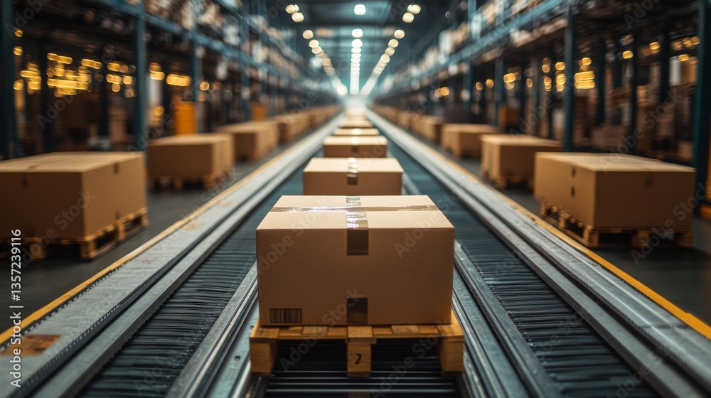 Poster cardboard boxes are neatly arranged on conveyor belts in a spacious warehouse, as workers manage inv