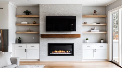 Fototapeta premium A bright living room with a fireplace framed by sleek white cabinets and floating shelves