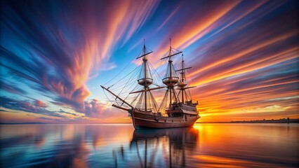 Obraz premium Majestic Caravel Ship at Sunset - Long Exposure Photography