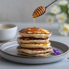 Honey Drizzled Pancakes, Kitchen, Breakfast, Food Photography, Still Life, Recipe