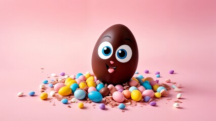 A chocolate easter egg with a face sticking out of it surrounded by colorful candies.