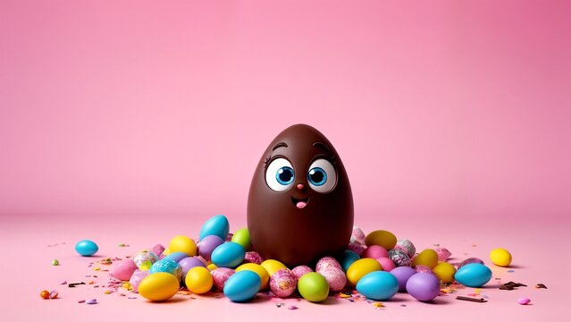 A chocolate easter egg with a smiley face surrounded by colorful candies.