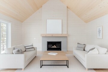 Fototapeta premium Modern minimalistic living room with light wood accents and a cozy fireplace, featuring a stylish coffee table and neutral toned sofas, ideal for relaxation