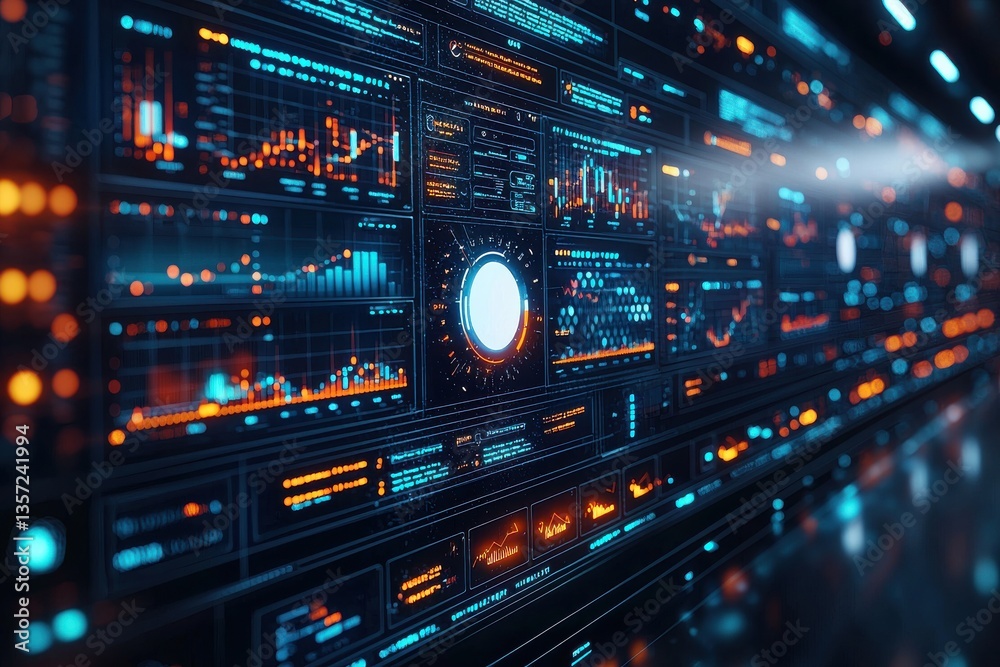 Poster high-tech interface displaying futuristic data visualization and analytical graphics