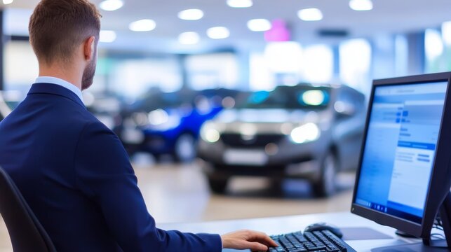 Businessman working at computer in car dealership with vehicles and customers in background