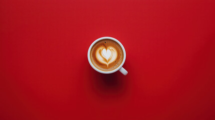 white cup of latte art coffee on vibrant red background, showcasing heart design in foam. This evokes warmth and comfort, perfect for coffee lovers
