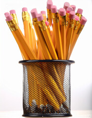 A container filled with sharpened yellow pencils and pink erasers sits ready for use