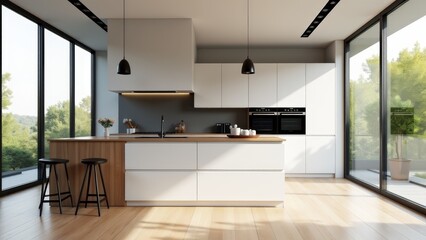 Fototapeta premium Modern White Kitchen Interior With Island