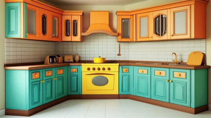 A cheerful 3D cartoon kitchen with turquoise and orange cabinets, adorned with soft oak brown accents
