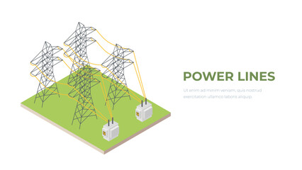 Overhead power line concept. Transmission of electricity and energy from power plants to city. Modern technologies and innovations. Template, layout and mock up. Cartoon isometric vector illustration