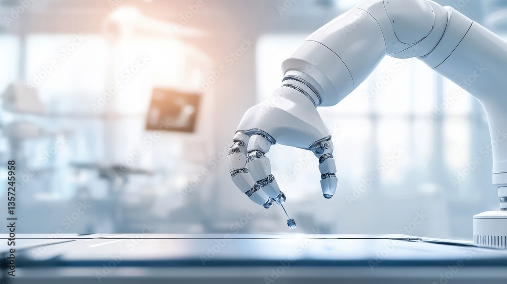 Poster robotic arm manipulating small object in modern tech environment
