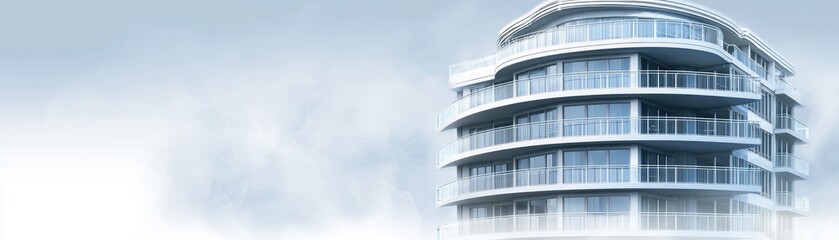 Modern curved apartment building, cloudy sky, city background