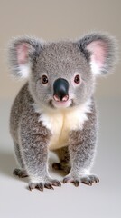 Fototapeta premium Adorable Baby Koala Portrait Fluffy Gray Fur, Light Gray Background