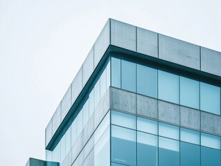 Modern concrete and glass office building with morning light and text space