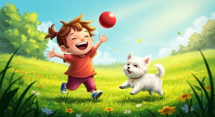 Fototapeta premium Happy Girl Playing Catch with White Puppy in Sunny Meadow