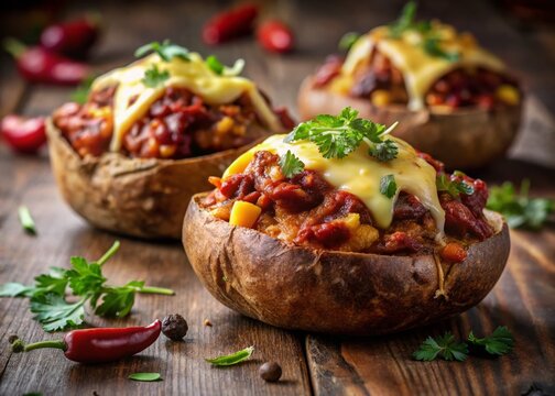 Delicious Autumnal Jacket Potato with Chili & Cheese - Stock Photo