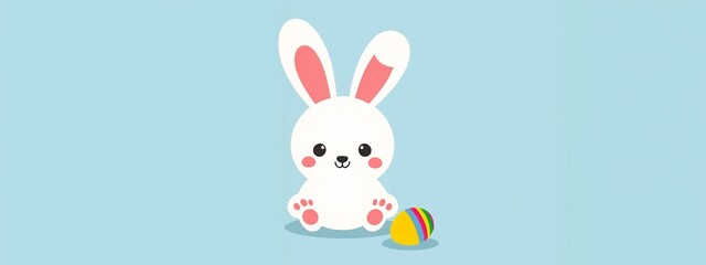 Obraz premium A white bunny sitting next to a colorful ball on a blue background.