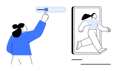 Woman interacts with control slider as animated character moves on smartphone screen. Ideal for creativity, interactivity, technology, animation, innovation, user experience, progress. Flat simple