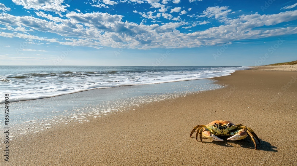 Poster a maryland crab resting on a sandy beach with gentle waves in the distance.