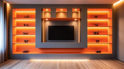 A chic living room with a bold combination of orange and gray, where the TV unit wall has floating shelves on each side