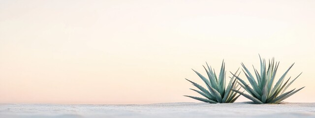 Two succulent plants are growing on the light colored sand