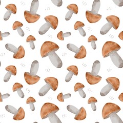 Mushrooms pattern for fabric design, mushroom wallpaper, forest print, seamless background, autumn pattern, fall wallpaper, digital watercolor