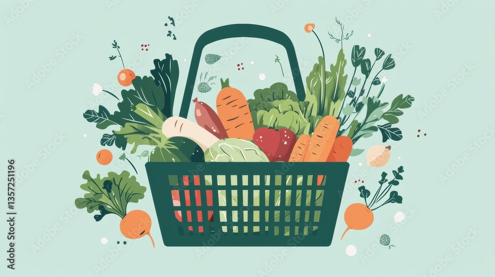 Aufkleber illustration of a green shopping basket filled with fresh vegetables and fruits on a soft pastel bac