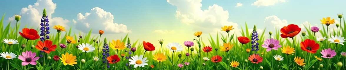 Fototapeta premium A vibrant wildflower meadow in full bloom with a variety of colorful flowers including daisies, poppies, and lupines, plantlife, environment