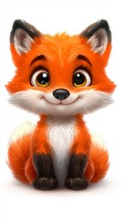 Obraz premium Adorable Orange Cartoon Fox with Large Eyes Sitting on White Background