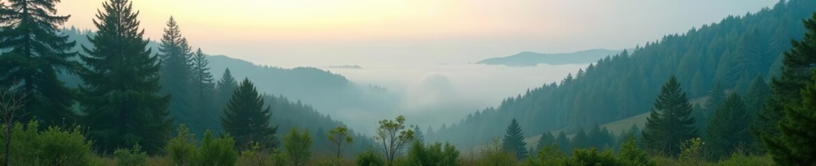 A serene forest landscape blanketed in morning fog during spring,  trees,  season © chalita
