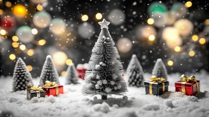 Miniature Black and White Christmas Clipart: Festive Holiday Scene with Tilt-Shift Effect