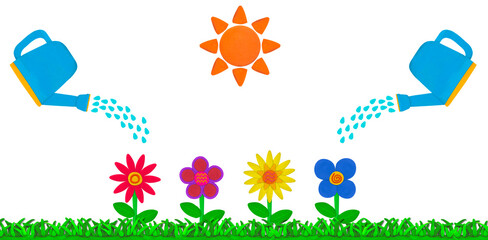 watering can pouring water on flower on grass made from plasticine on white background