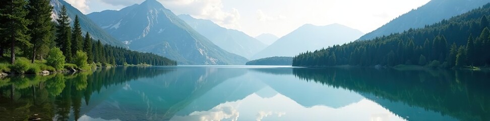 Naklejka premium A serene lake nestled in the Ukrainian mountains, reflecting the stunning surrounding landscape, peaceful, Europe
