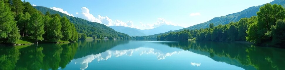 Fototapeta premium A serene lake surrounded by lush green forests reflecting the clear blue sky above, creating a picturesque scene of tranquility and natural beauty, water, trees