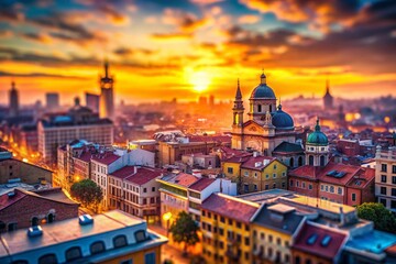Fototapeta premium Miniature Cityscape at Sunset: Tilt-Shift Photography Cool Background