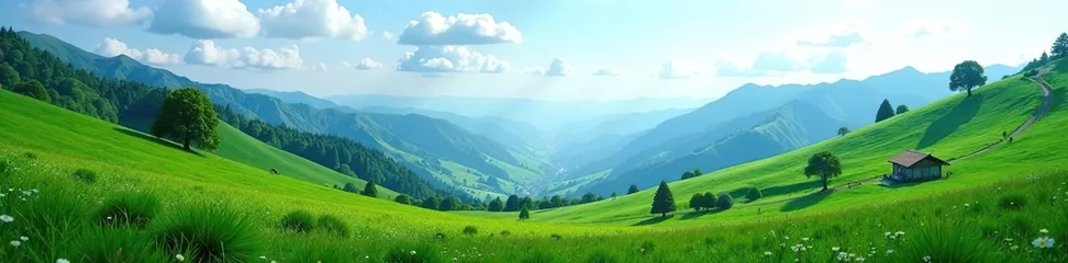 A serene landscape of lush green mountains under a clear blue sky,  nature,  green
