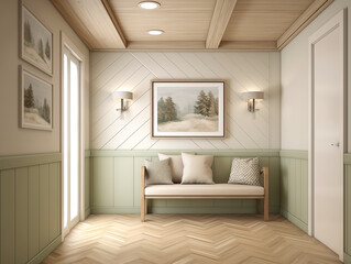 Modern hallway with wainscotting wall panelling in neutral and light sage. Hall with wood panels, minimalist natural wood furniture and artwork on the wall.