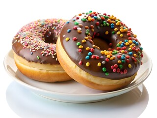 Two Chocolate Glazed Doughnuts With Colorful Sprinkles on White Plate
