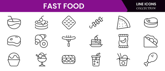 Fast food web icon set in line style. Pizza, chips, burger, french fries, hot dog, collection. Vector illustration.