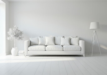 Una sala de estar simple de fondo blanco con sofá blanco.