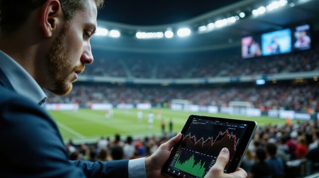 A man in a suit analyzes sports data on a tablet while watching a soccer match in a crowded stadium.
