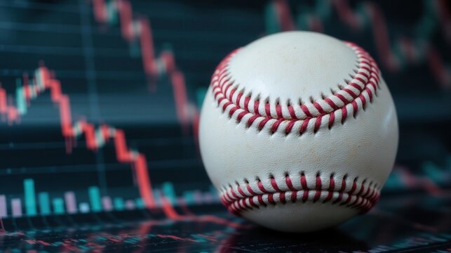 A baseball sits in front of a stock market graph, blending sports and finance themes.